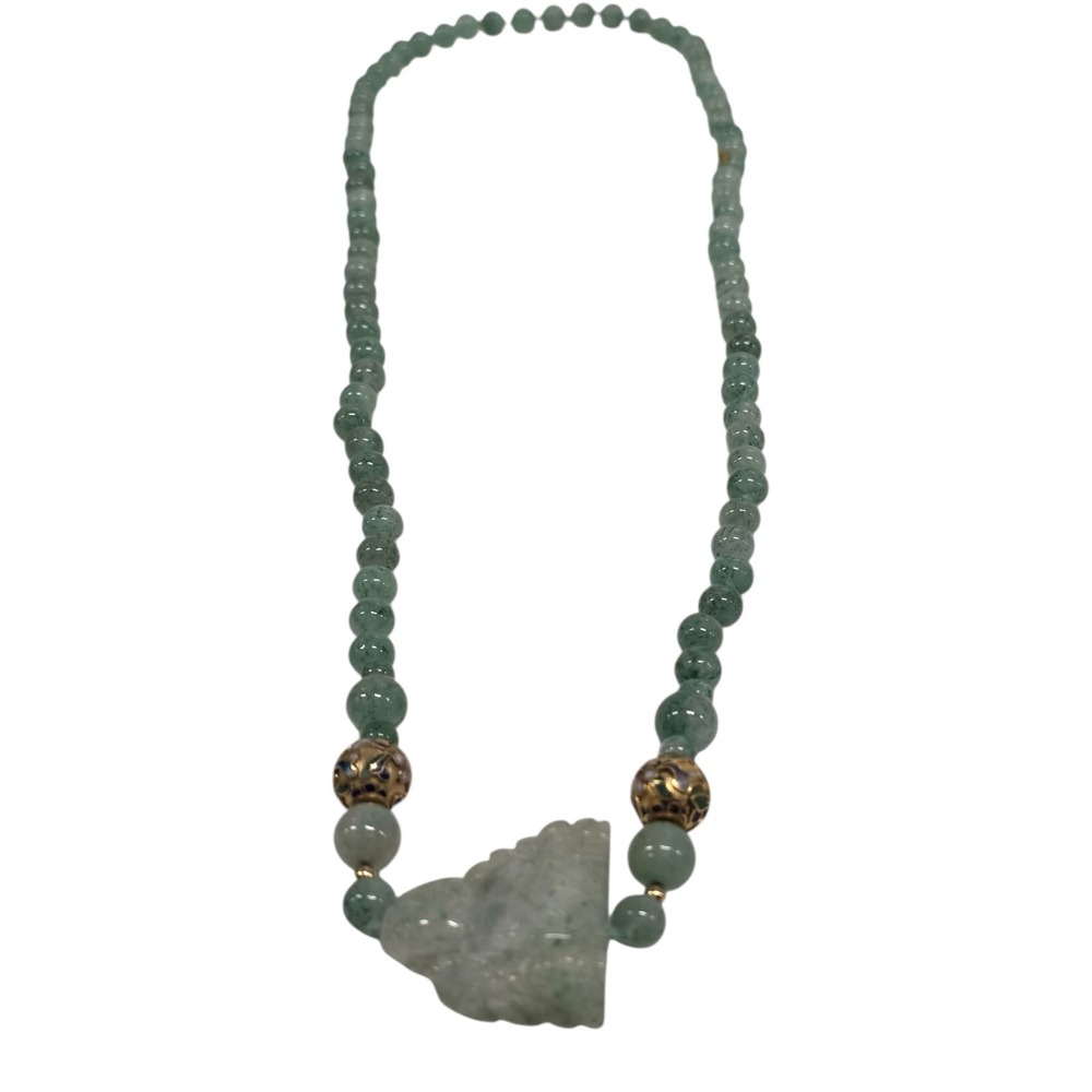 Green Jade Jadeite Carved Beads Knotted Cloisonne Vintage Necklace